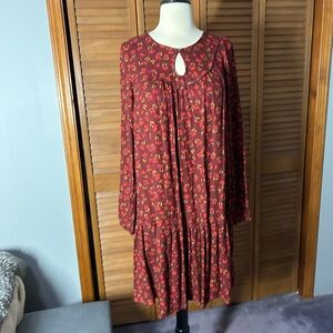 Sonoma Burgundy Floral Long-Sleeve Keyhole Dress